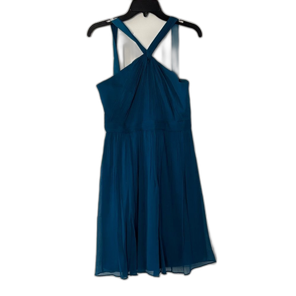 Blue Teal Chiffon Wedding Guest Dress Formal - J. Crew Size 6 Halter Cross Neck